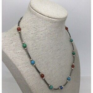 Carolyn Pollack Relios 925 Sterling Silver Beaded Necklace Green Blue Red Stones